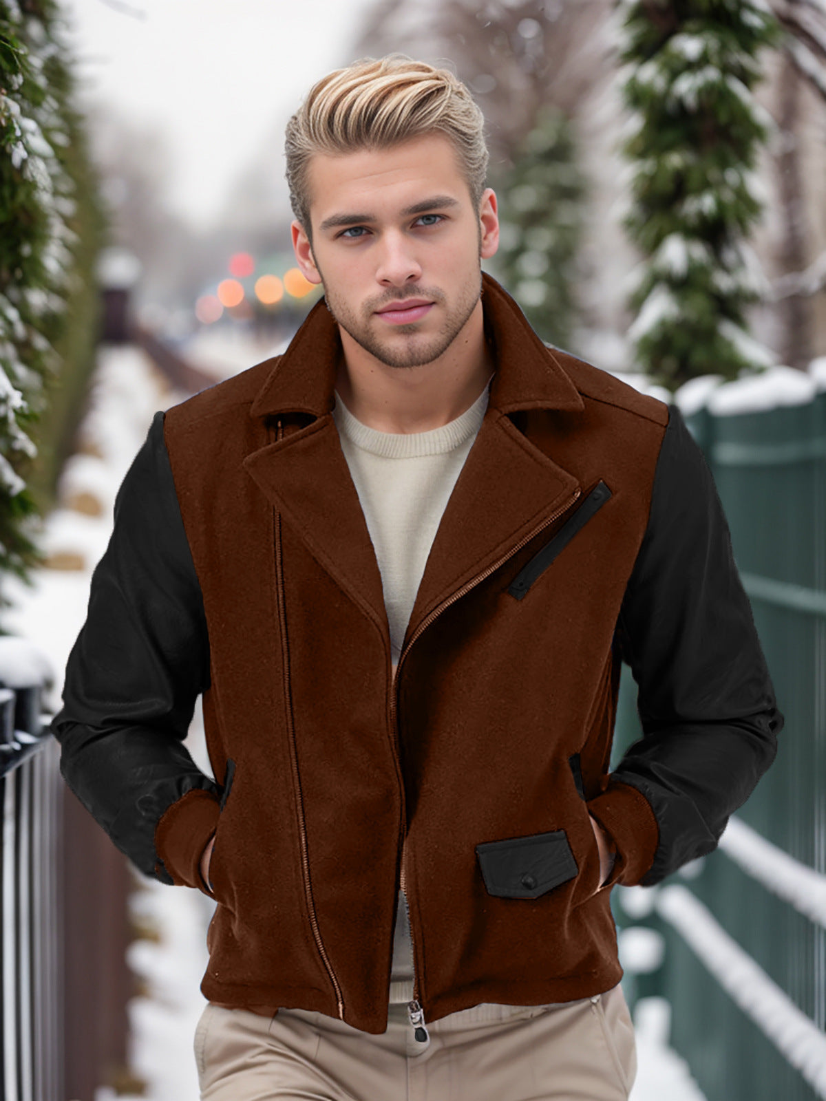 EMPIRE PU Leather Patchwork Wool Lapel Color Matching Men's Jacket