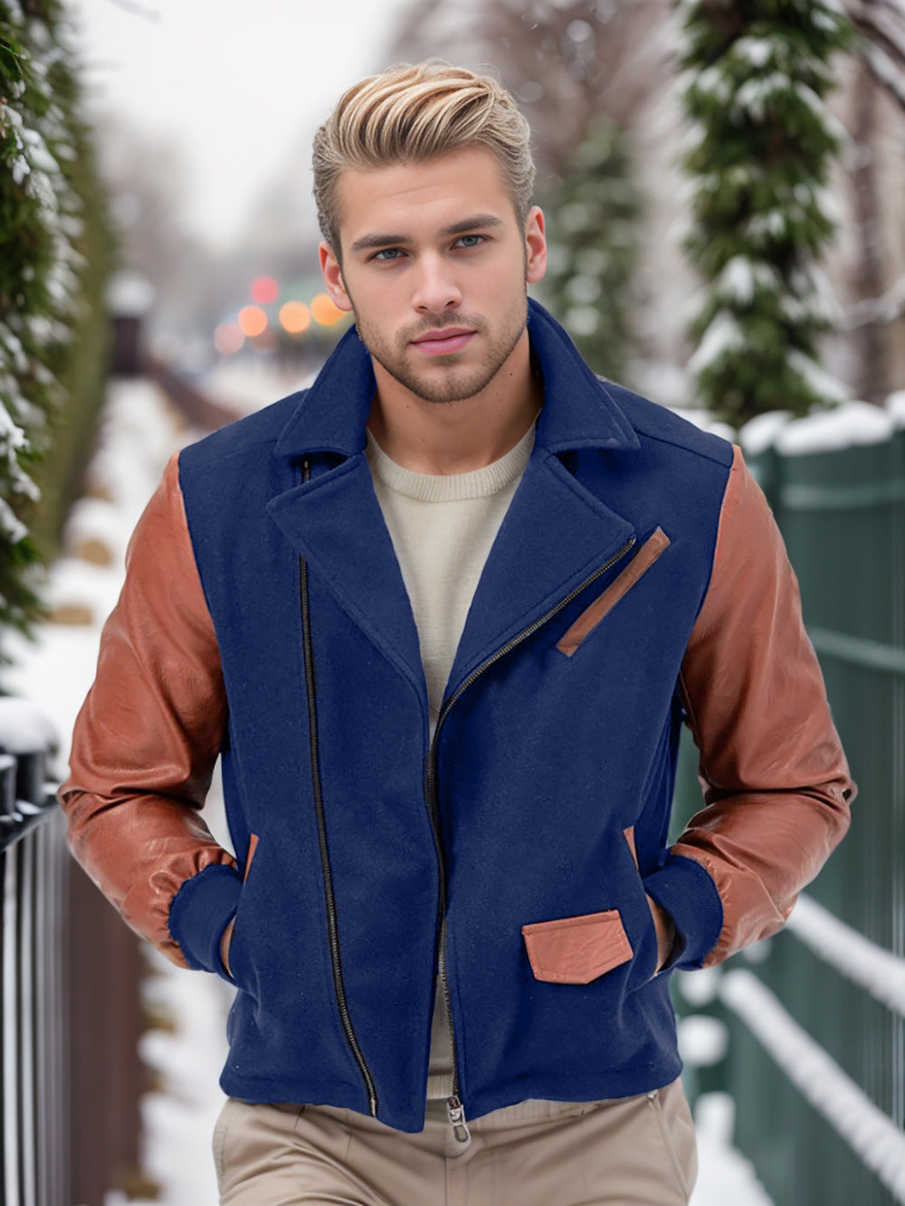 EMPIRE PU Leather Patchwork Wool Lapel Color Matching Men's Jacket