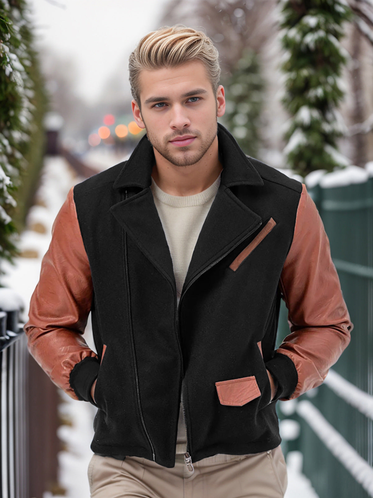 EMPIRE PU Leather Patchwork Wool Lapel Color Matching Men's Jacket