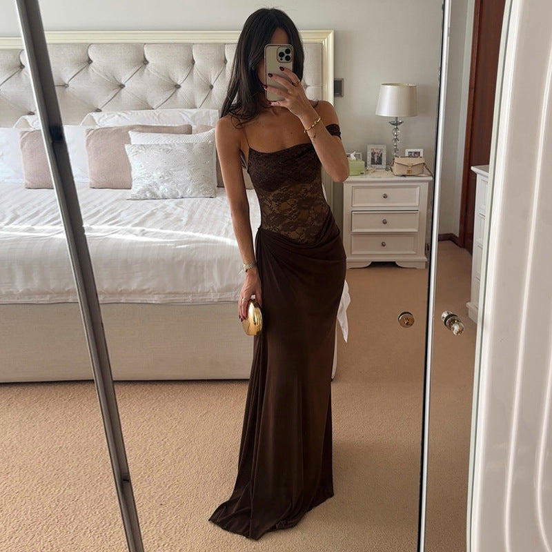 EMPIRE Sheer Lace Elegant Maxi Dress Sleeveless Backless Chic Evening Dress