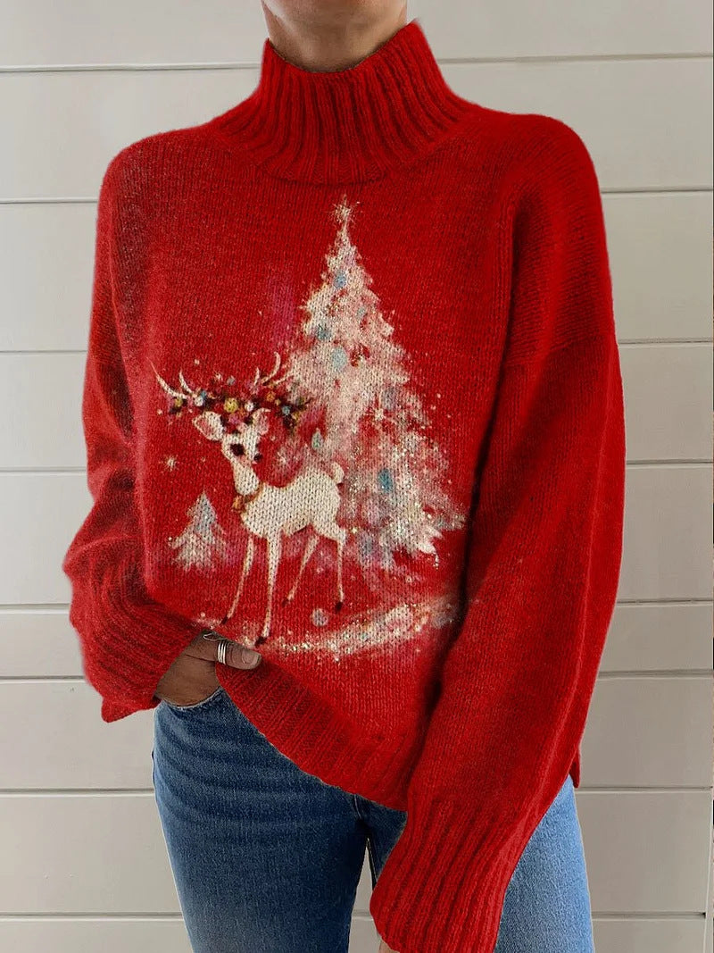 EMPIRE Women's Christmas Printed Turtleneck Sweater
