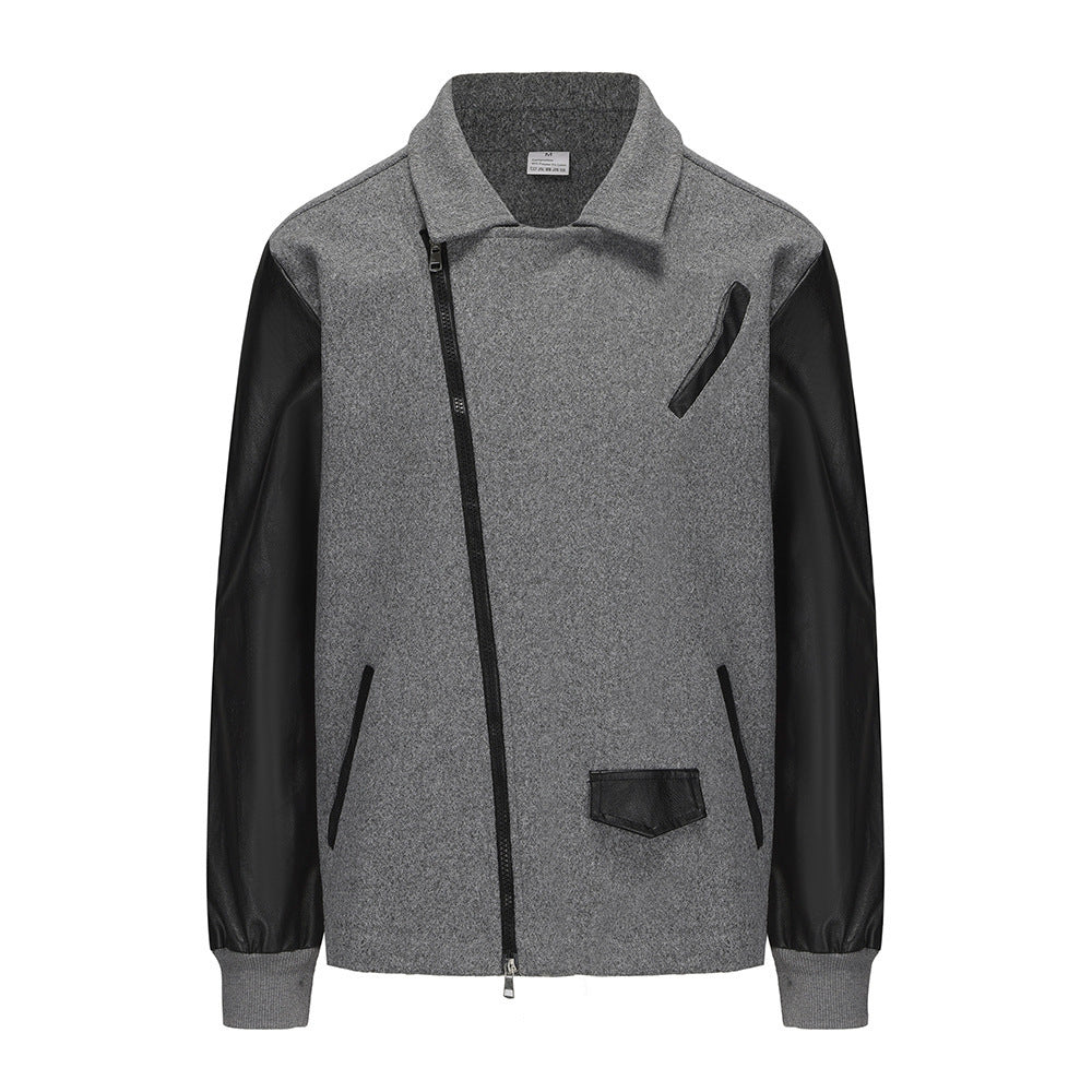 EMPIRE PU Leather Patchwork Wool Lapel Color Matching Men's Jacket