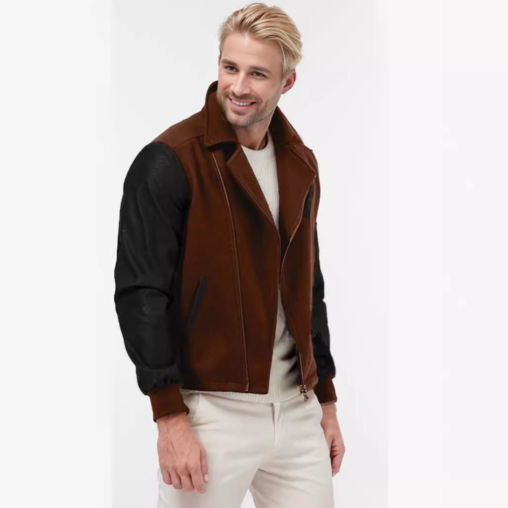 EMPIRE PU Leather Patchwork Wool Lapel Color Matching Men's Jacket