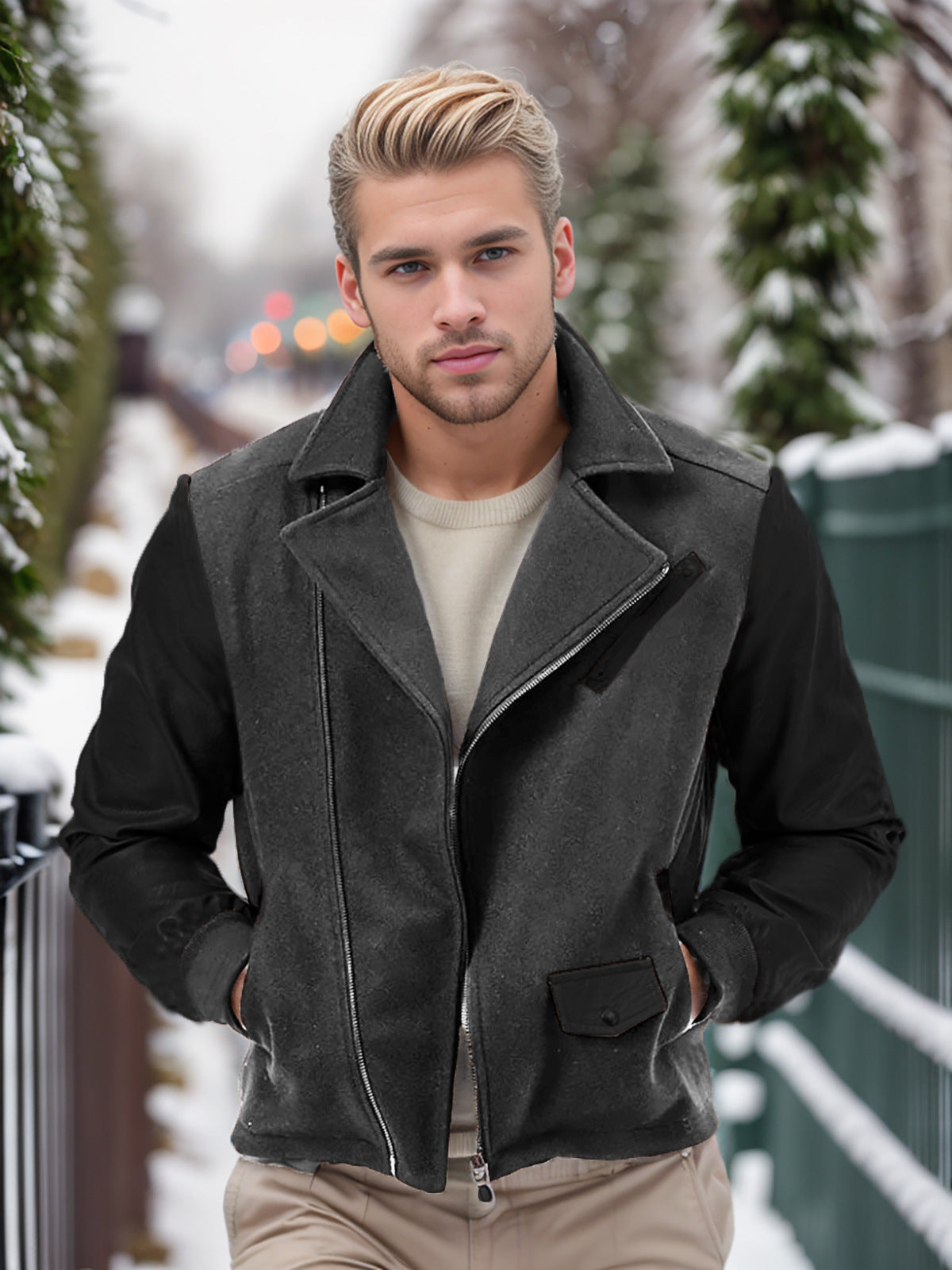EMPIRE PU Leather Patchwork Wool Lapel Color Matching Men's Jacket
