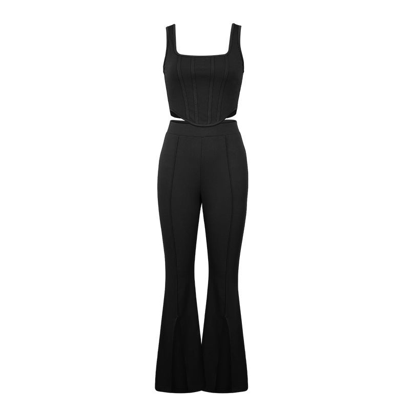 EMPIRE Women's Umbilical Slim Fit Sleeveless Tank Top Split Pants