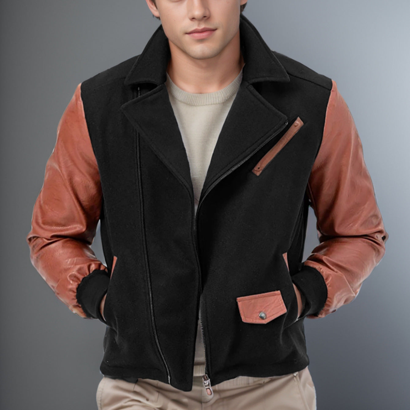 EMPIRE PU Leather Patchwork Wool Lapel Color Matching Men's Jacket