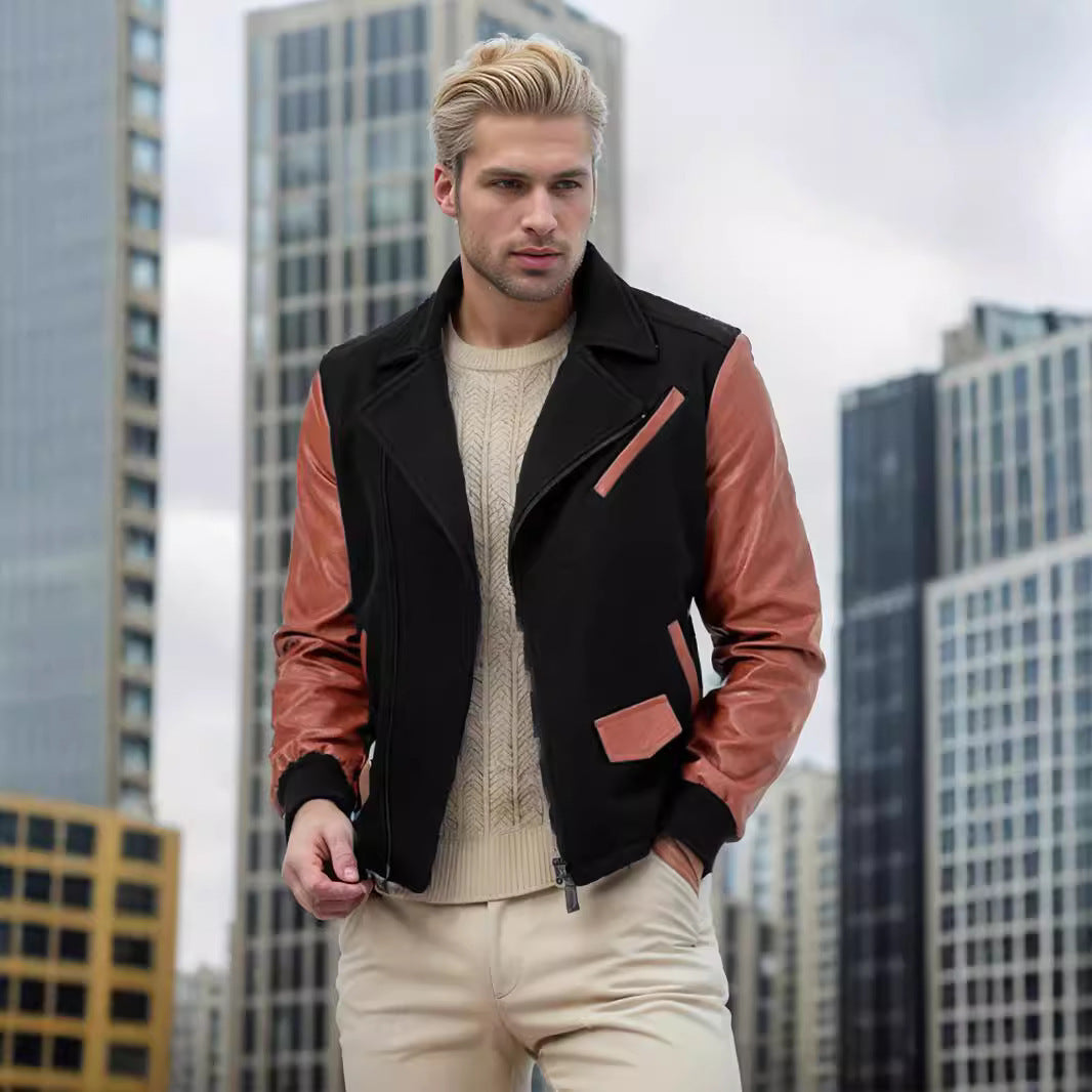 EMPIRE PU Leather Patchwork Wool Lapel Color Matching Men's Jacket
