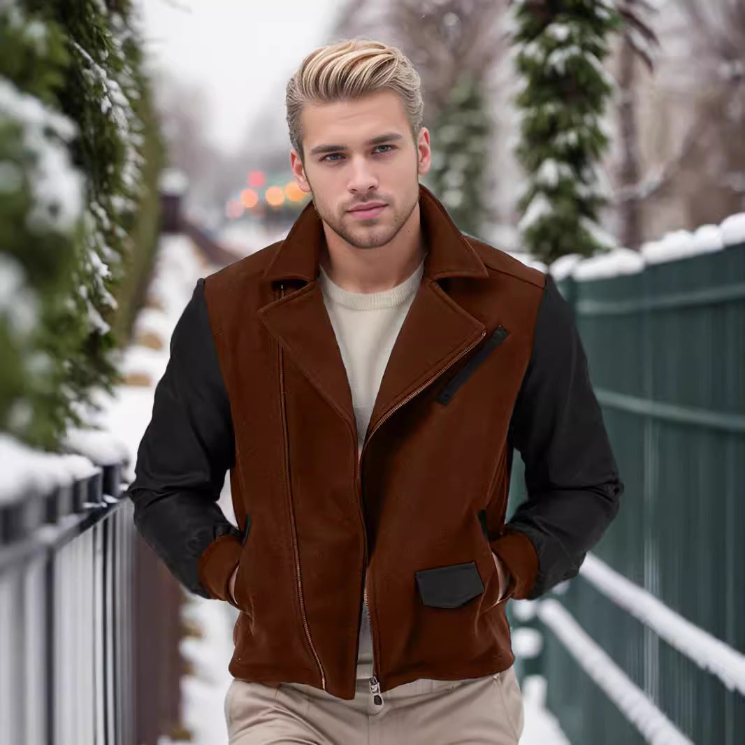 EMPIRE PU Leather Patchwork Wool Lapel Color Matching Men's Jacket