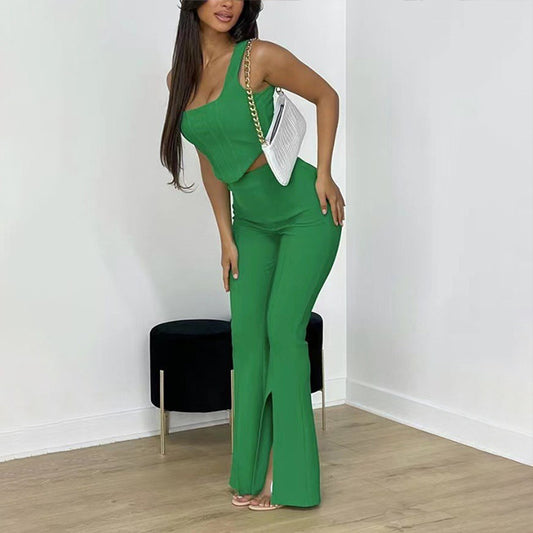 EMPIRE Women's Umbilical Slim Fit Sleeveless Tank Top Split Pants