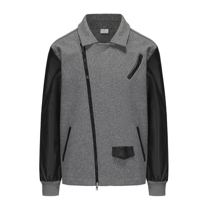 EMPIRE PU Leather Patchwork Wool Lapel Color Matching Men's Jacket