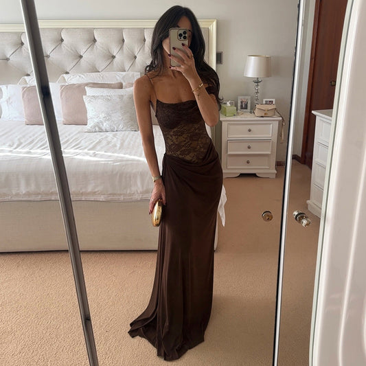 EMPIRE Sheer Lace Elegant Maxi Dress Sleeveless Backless Chic Evening Dress